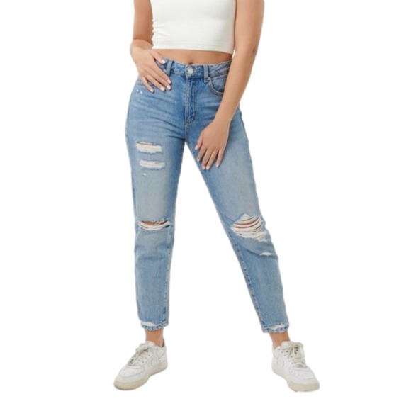 GARAGE Womens High Waisted Mom Jeans Size 5 Distressed Blue Color  Ankle Crop - Picture 1 of 16